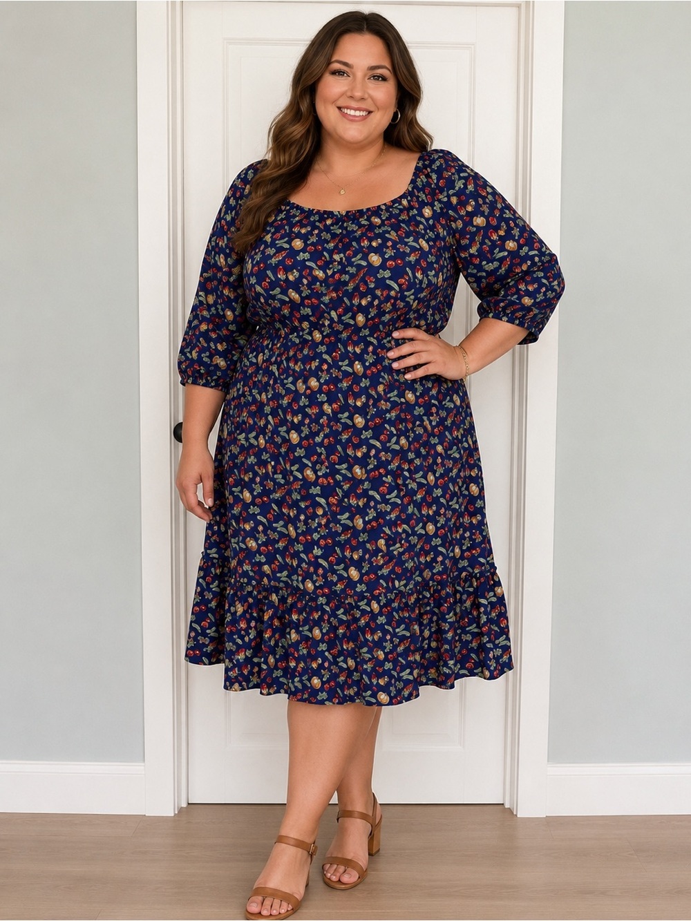 Peach Love Vegetable Peasant Midi Dress 2XL Quirky Garden